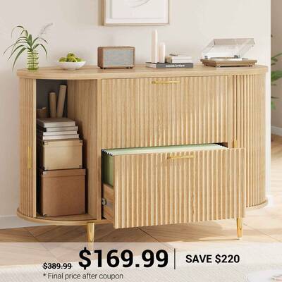 SEDETA ® 39.4 Inch Home Office File Cabinet Curved Sliding Cabinet Modern Light Luxury Design Fluted Filing Cabinets and 2 D...