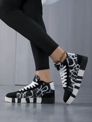 Women's Summer Casual Colorblock Letter High Top Skate Shoes, Women Shoes, Lace Up Round Toe Skate Shoes, Back To School Comm...