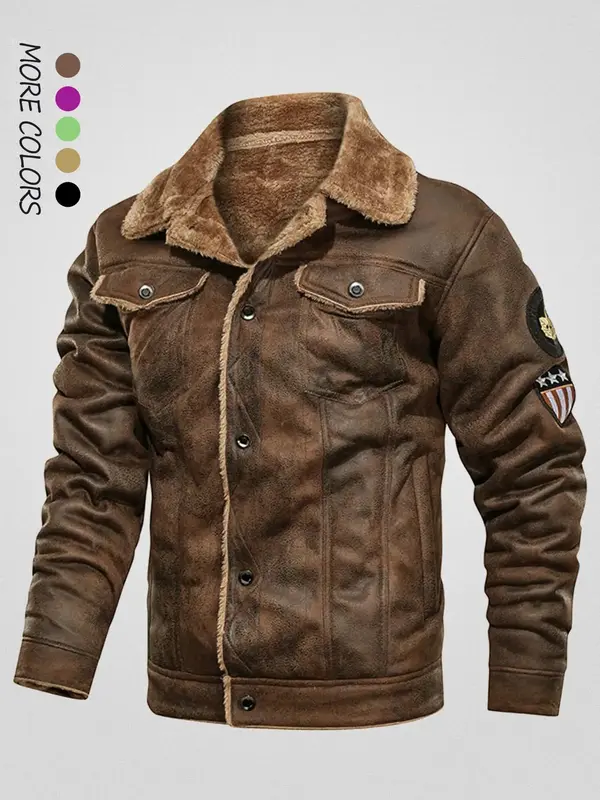 Men's Letter Patched Pocket Button Front Sherpa PU Jacket, Regular Fit Casual Long Sleeve Lapel Neckline Outerwear for Winter...