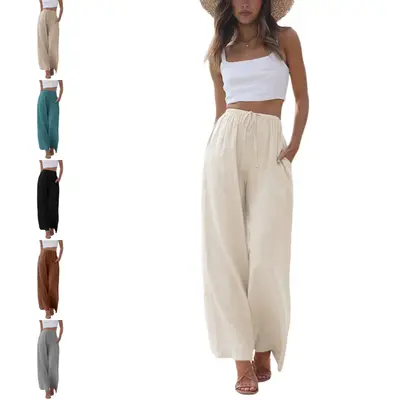 UANEO Women's Cotton Linen Summer Palazzo Pants Flowy Wide Leg Beach Trousers with Pockets Casual Womenswear #TikTokShopBackt...
