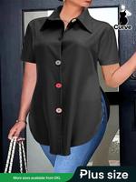 【Plus Size】 Solid Color Button Front Collared Blouse, Casual Short Sleeve Top for Daily Wear, Women's Clothing for All Se...