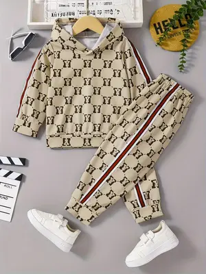 Two-piece Set Toddler Boy's All Over Print Letter Hoodie & Side Stripe pants Set, Casual Long Sleeve Hooded Pullover & Elasti...