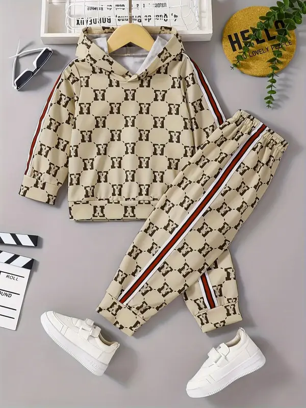 Two-piece Set Toddler Boy's All Over Print Letter Hoodie & Side Stripe pants Set, Casual Long Sleeve Hooded Pullover & Elasti...