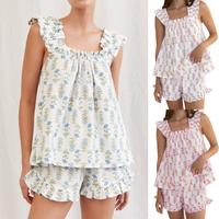 Women Floral Print Summer Set, Square Neck Flutter Sleeve Loose Tank Tops Ruffled Shorts 2-Piece Outfits,  Casual Comfy Strap...