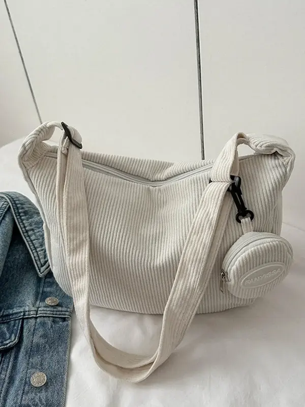 Women's Casual Plain Corduroy Zipper Crossbody Bag & Small Coin Purse, Large Capacity Shoulder Bag & Coin Purse, Fashionable ...