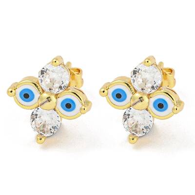 Flower with Evil Eye Real 18K Gold Plated Brass Stud Earrings