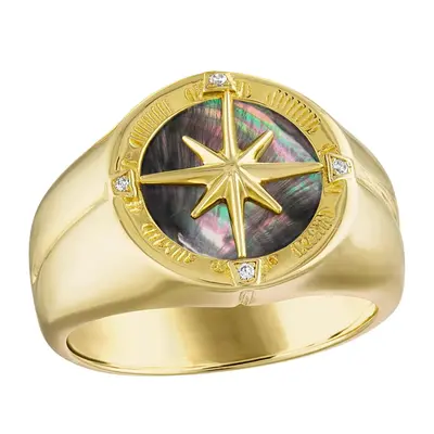 Sterling Silver with Yellow Gold Plated Cubic Zirconia & Mother-of-pearl Compass Ring for Men
