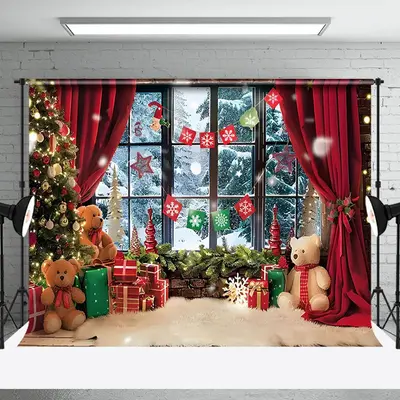 Aperturee Warm Window Bear Red Curtain Christmas Backdrop