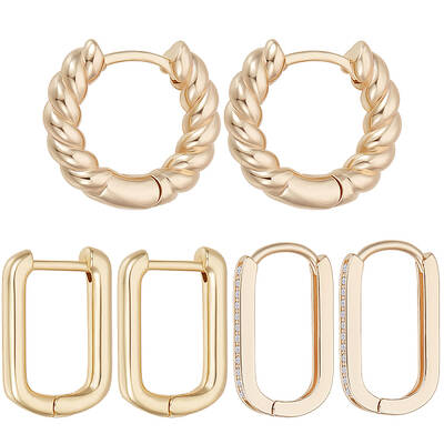 6Pcs 3 Styles Brass Hoop Earrings