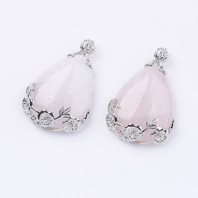 Teardrop with Flower Platinum Plated Brass Natural Rose Quartz Pendants