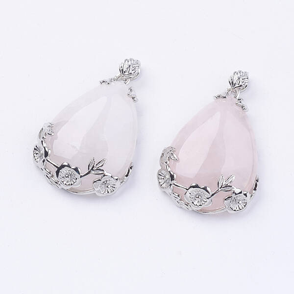 Teardrop with Flower Platinum Plated Brass Natural Rose Quartz Pendants