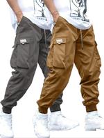 Men's Plus Size Solid Color Patched Drawstring Cargo Pants, Trendy Casual Fashion Elastic Waist Flap Pocket Trousers for Dail...