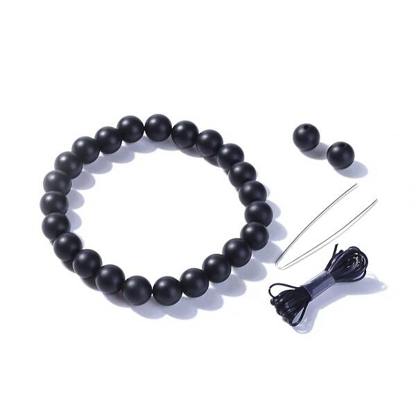 Natural Black Stone Round Beads Stretch Bracelets