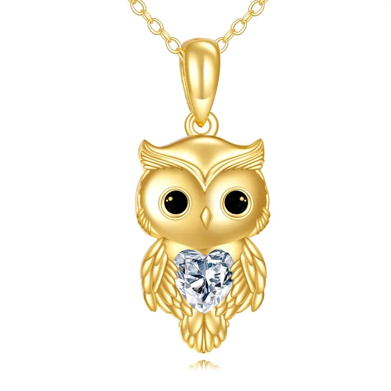14K Gold Heart Moissanite Owl Pendant Necklace