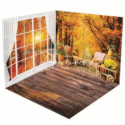 Aperturee Autumn Maple Forest Window Scene Room Set Backdrop - Aperturee