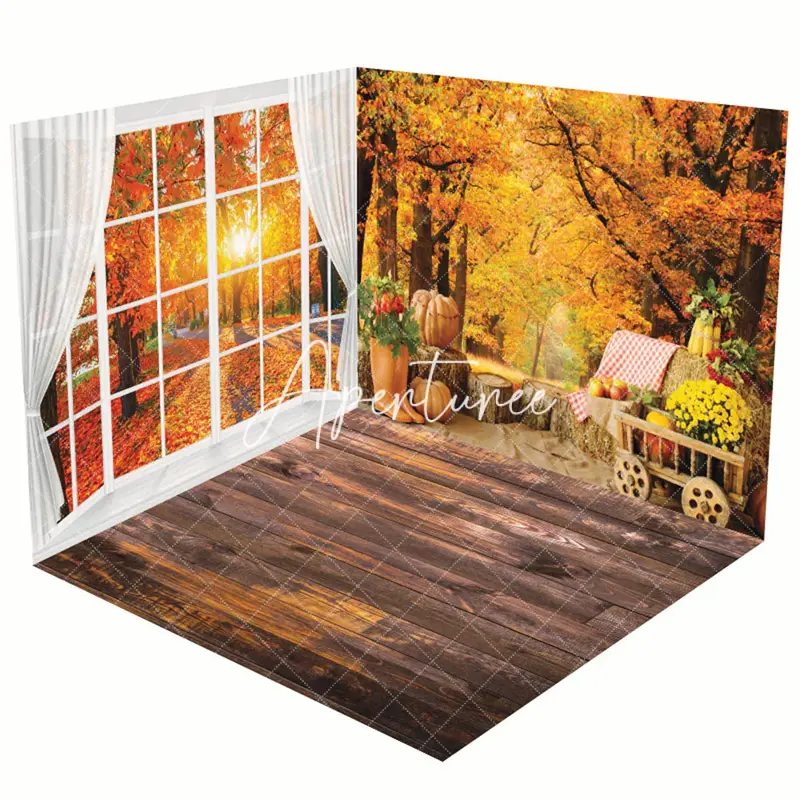Aperturee Autumn Maple Forest Window Scene Room Set Backdrop - Aperturee
