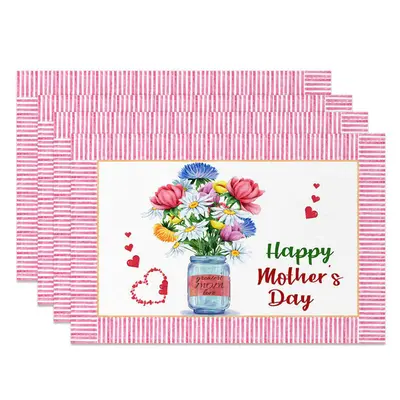 Floral Pink Heart Mothers Day Set Of 4 Placemats - Aperturee