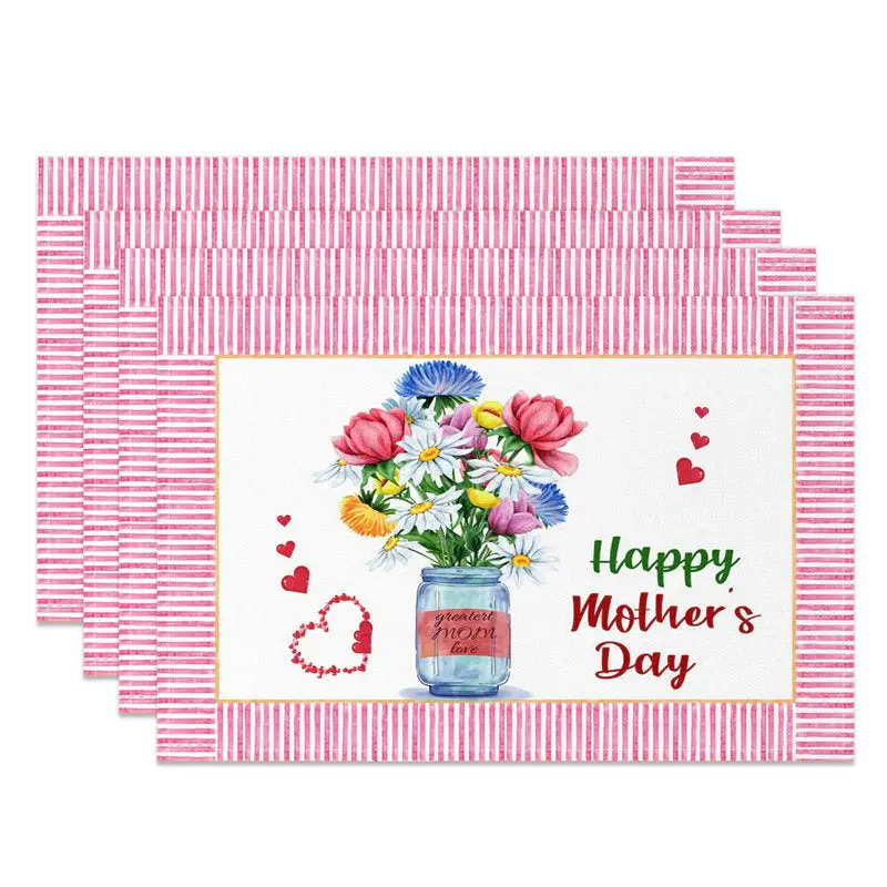 Floral Pink Heart Mothers Day Set Of 4 Placemats - Aperturee