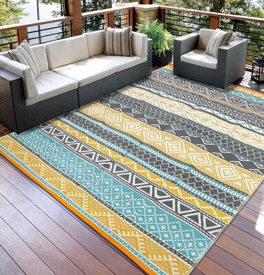 Garvee Outdoor Teal & Yellow 5x8 Rugs, Waterproof Reversible Geometric Pattern Polypropylene UV Resistant Portable with Carry...
