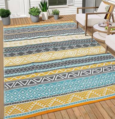 Garvee Outdoor Teal & Yellow 5x8 Rugs, Waterproof Reversible Geometric Pattern Polypropylene UV Resistant Portable with Carry...