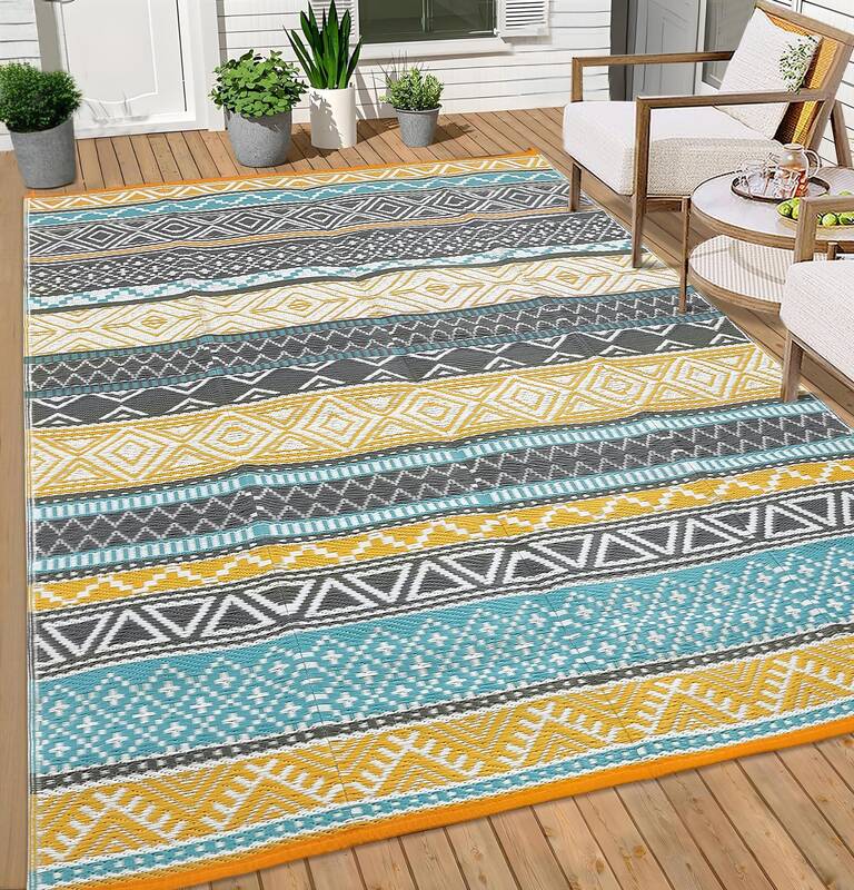 Garvee Outdoor Teal & Yellow 5x8 Rugs, Waterproof Reversible Geometric Pattern Polypropylene UV Resistant Portable with Carry...