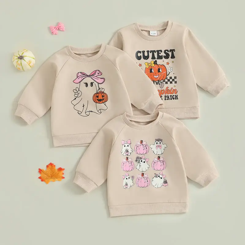 Toddler Baby Girls Halloween Sweatshirt Ghost Pumpkin Print Stylish Loose Fit Casual Long Sleeve Pullover 1-5 Years