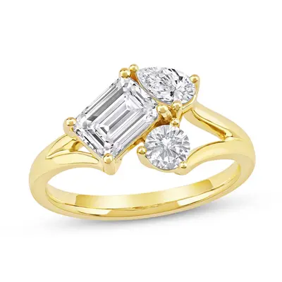 14K Gold 1.5 to 9 CT.T.W Emerald & Pear Cut & Round Cut Cut Lab Created Diamond Three Stone Engagement Band