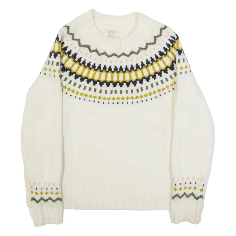 BARBOUR Womens Icelandic Jumper White Crazy Pattern Chunky Knit Wool M