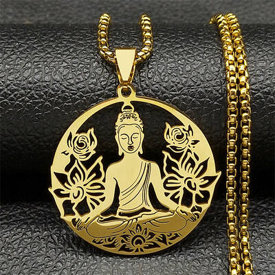 304 Stainless Steel Hollow Buddha Yoga Flower Pendant Necklaces for Women