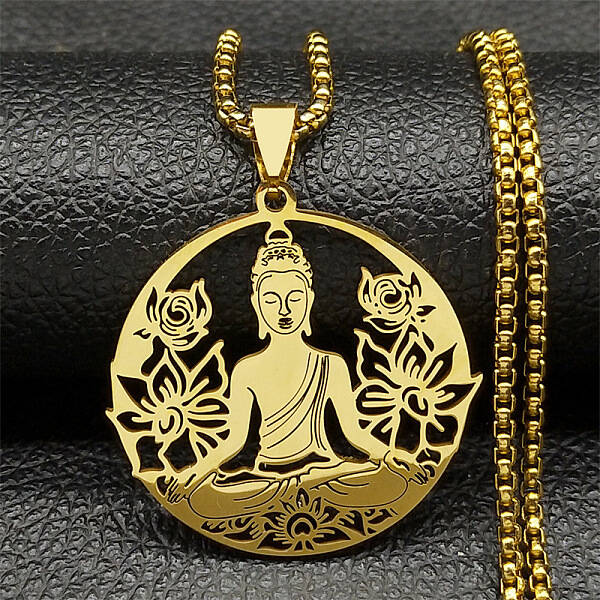 304 Stainless Steel Hollow Buddha Yoga Flower Pendant Necklaces for Women