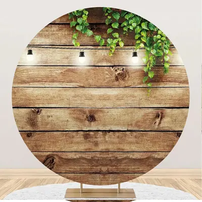 Green Leaves Light Wood Wall Round Birthday Backdrop - Aperturee