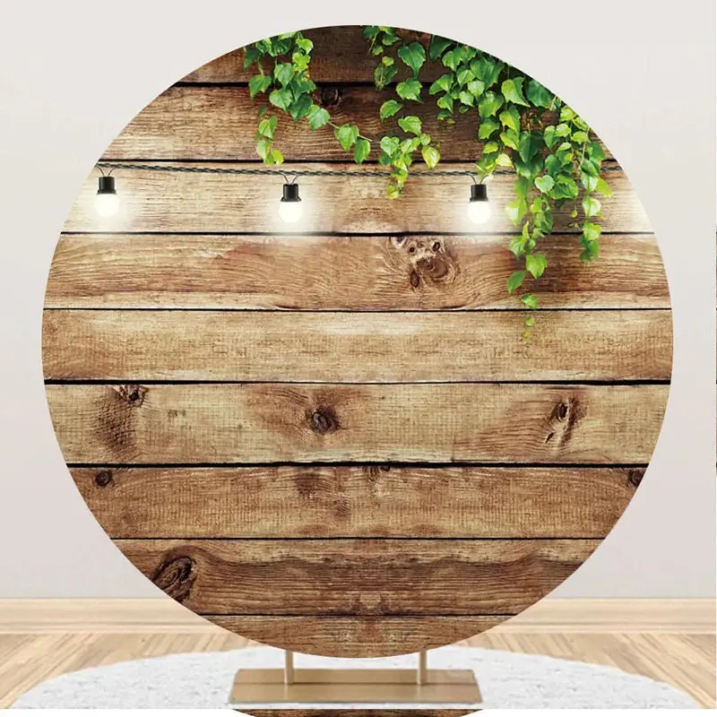 Green Leaves Light Wood Wall Round Birthday Backdrop - Aperturee