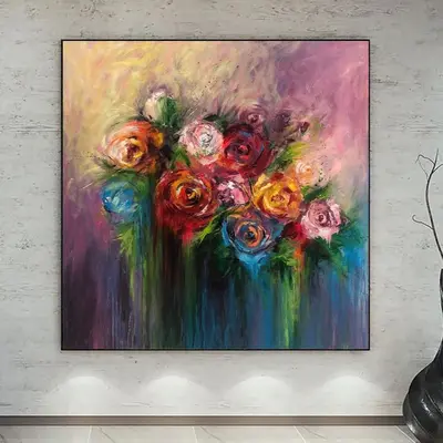 Abstract Flowers Painting On Canvas Roses Bouquet Painting Vivid Art Impressionism Paintings Floral Fine Art Textured Wall Ar...