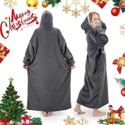 Solid Color Double-sided Fleece Hoodie Blanket, Comfortable Warm Hooded Blanket, Thick Wearable Blanket for Men & Women, Comf...