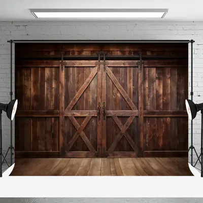 Rustic Dark Brown Wooden Floor Barn Door Backdrop - Aperturee