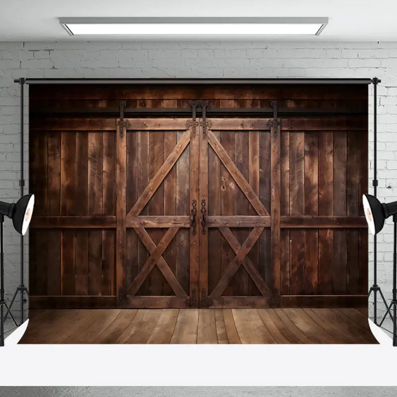 Rustic Dark Brown Wooden Floor Barn Door Backdrop - Aperturee