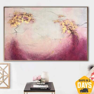 Abstract Mountains Painting Canvas Pink Wall Art Gold Leaf Artwork Custom Painting Neutral Art Modern Style Art | SOMEWHERE I...