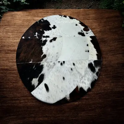 Cowhide Patchwork Round Rug, Flower, Spiral, Compass, Star, Moon, Buffalo and Horn Shape Round Rugs