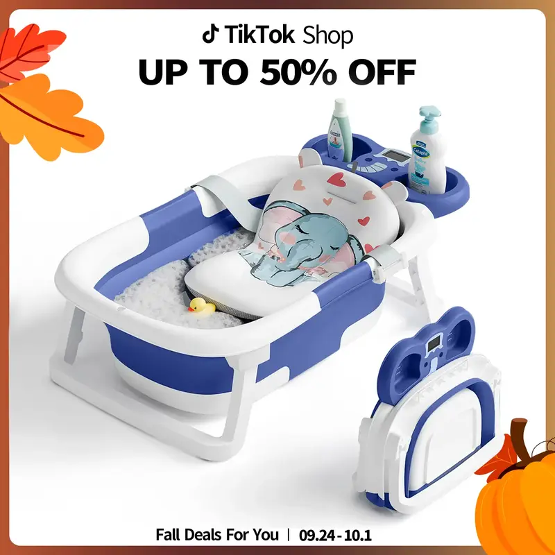 Collapsible Baby Bathtub for Infants to Toddler with Real-time Temp Monitor + Floating Cushion, Foldable Baby Bath Tub Set, P...
