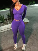 Women's Solid Color Zipper Crop Top & Leggings Two-piece Set, Elegant Fashion Casual V Neck Top & Skinny Pants, Women's Cloth...