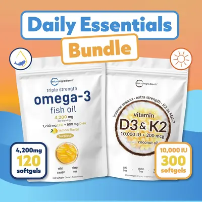Micro Ingredients Daily Essential Bundle: Vitamin D3 K2 Supplement & Triple Strength Omega 3 Fish Oil Supplement Fitness Supp...