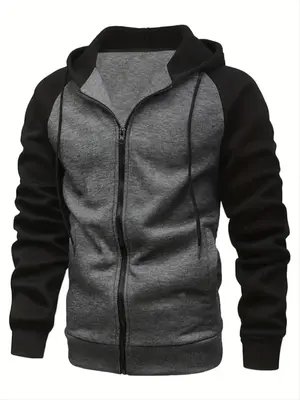 Unisex Men's Colorblock Drawstring Hoodie, Casual Loose Zip Up Raglan Sleeve Hooded Sweatshirt, Men Fall & Winter Outerwear...