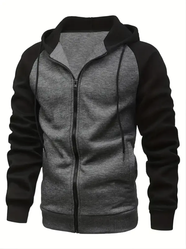 Unisex Men's Colorblock Drawstring Hoodie, Casual Loose Zip Up Raglan Sleeve Hooded Sweatshirt, Men Fall & Winter Outerwear...