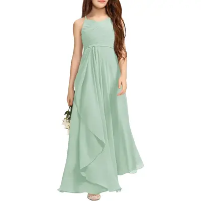 Haloumoning.us Girls A-Line Halter Dress Junior Bridesmaid Flower Girl Flowy Chiffon Maxi Dresses Wedding Party Pageant Gown