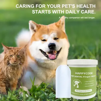 HAPPYCODE Pet Care Finger Wipes 50 Count, Double Sided, Remove Plaque, Tartar, Bad Breath, No Rinse Finger Toothbrush for Dog...