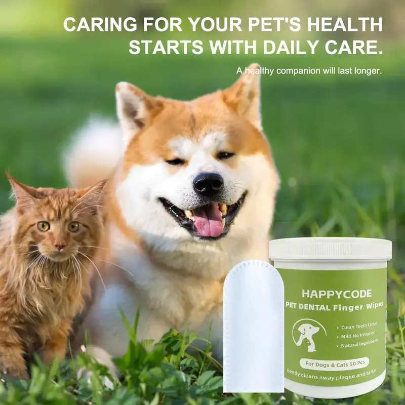 HAPPYCODE Pet Care Finger Wipes 50 Count, Double Sided, Remove Plaque, Tartar, Bad Breath, No Rinse Finger Toothbrush for Dog...