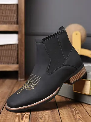 Men's Business Embroidering Design Ankle Boots, Fashionable Round Toe Chelsea Boots for Daily Wear, Male All-match Shoes for ...