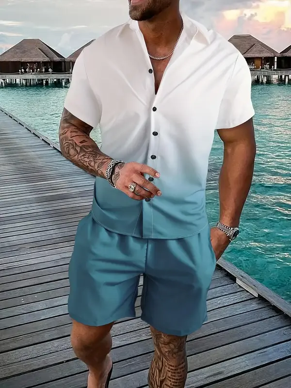 Two-Piece Set Men's Ombre Print Button Front Shirt & Drawstring Waist Shorts Set,  Summer Outfits 2024, Short Sleeve Collare...