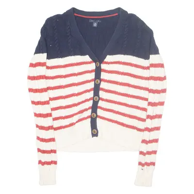 TOMMY HILFIGER Womens Patterned Cardigan White Striped Button Neck Cable Knit S