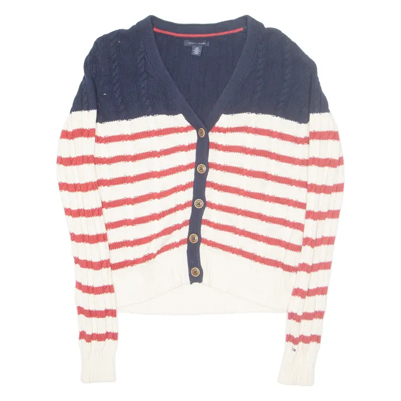 TOMMY HILFIGER Womens Patterned Cardigan White Striped Button Neck Cable Knit S